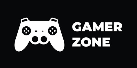 Wall Mural - Gamer zone white sign age icon illustration isolated on horizontal black background. Simple flat sign drawing for prints.