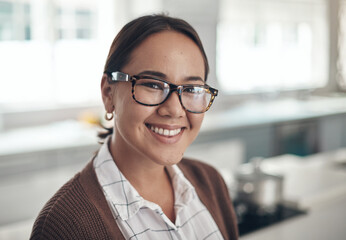 Canvas Print - Portrait, home and smile with asian woman, glasses and happiness and relaxing in kitchen. Face, person and girl with eyewear and clear vision with weekend break and calming with peace and vacation