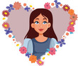 Portrait of a Happy Woman in a Floral Heart Vector Illustration. Cheerful girl feeling blissful and feminine 
