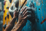 Fototapeta Konie - Hand with chalk grabbing grip on artificial rock wall