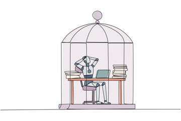 Canvas Print - Single continuous line drawing robot trapped in cage sitting on office chair holding head. Being in routine trap. Tired and irritated with the daily grind. AI tech. One line design vector illustration