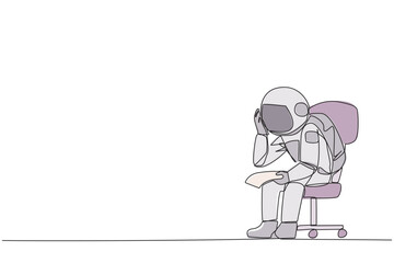 Sticker - Continuous one line drawing sad astronaut sit limply in a chair. Pensively holding a piece of bill paper. The large of receivables, business will collapse. Single line draw design vector illustration