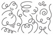 Swash vector lines. Curly hand drawn underlines. Swirl swishes and swooshes strokes. Squiggle decorative shapes. Wind motion wavy flow. Scroll cartoon doodles.