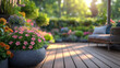 Entspannende Outdoor Terrasse aus Holz mit blühenden Pflanzen und bequemen Gartenmöbeln, warmes Sonnenlicht, Ruheoase im Sommer