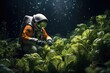 Thinning Out Plants: Astronauts thinning out overcrowded plants for better growth.