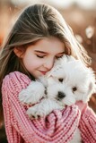 Fototapeta Tulipany - Young Girl Lovingly Embracing Her White Puppy Outdoors During Autumn