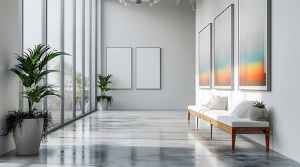 An architectural hallway in a minimalist urban home, where empty white frames are aligned symmetrically against a white backdrop, creating an illusion of extended space.