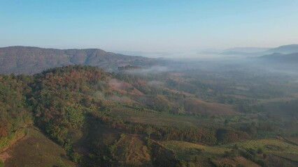 Wall Mural - Aerial landscape view of mountains in the morning on foggy day by drone