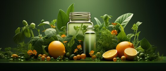 Luxurious 3D portrayal of skin vitamin drinks, flat, lush green background,