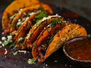 Wall Mural - Birria Tacos Consome Dipping Sauce Lime Wedges Beef Food Background Image 