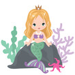 Beautiful sitting sea mermaid princess vector cartoon illustration