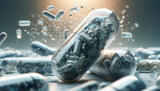 Fototapeta  - Close-up image of probiotic capsules, each filled with active rotating probiotics. The image reflects the theme of improving digestive health through natural supplements.