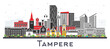 Tampere Finland city skyline with color buildings isolated on white. Tampere cityscape with landmarks. Business travel and tourism concept with modern and historic architecture.