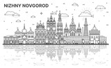 Fototapeta  - Outline Nizhny Novgorod Russia city skyline with modern, historic buildings and reflections isolated on white. Nizhny Novgorod cityscape with landmarks.