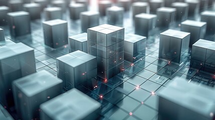 Poster - 3d illustration of of a powerful database, the ground where it sits is made of light gray cubes, 2D style, simple shapes. Generative AI.
