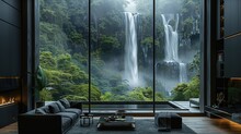 Modern Living Room With Large Windows Overlooking The Mountain, Black Sofa And Fireplace, Glass Window Showing A Misty Rain Forest Landscape With Waterfalls. Generative AI.