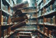 A stack of old books and flying book pages against the background of the shelves in the library. Ancient books historical background. Retro style. Conceptual background on history, education topics