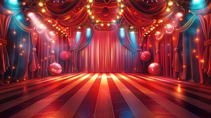 Poster - 3D animation-style vector illustration of a circus stage, vibrant red and white striped curtains, colorful spotlights, bright red background. Generative AI.