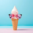 A whimsical depiction of a vanilla soft-serve ice cream cone sporting a stylish pair of oversized sunglasses against a pastel blue backdrop