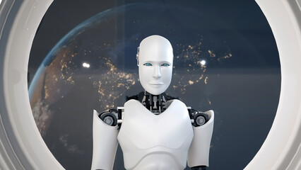 Wall Mural - xai 3d illustration futuristic robot, artificial intelligence cgi inside spaceship in space universe