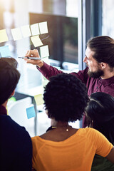 Poster - Businessman, glass and write to coach in office, teamwork and idea for solution with sticky notes. High angle, male person and schedule for problem solving, support and mentor for project brainstorm