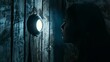 Enigmatic Silhouette at Keyhole on Rustic Wooden Door