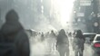 A city street scene shrouded in thick smog, with blurred figures navigating the polluted environment