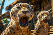 Three angry leopards baring their teeth