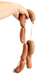 Wall Mural - Meat sausages in hand isolated on white background