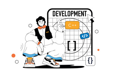 Development outline web modern concept in flat line design. Man creating application ui layout, working with code and testing product. Vector illustration for social media banner, marketing material.