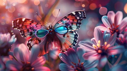 Wall Mural - A detailed photo of a captivating butterfly wearing colorful glasses