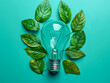 Light bulb with green leaves on blue background.