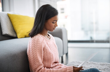 Canvas Print - Home, student or Indian woman on floor with document studying for exam or distance learning. Girl, university, college learner with paperwork for project, application or education with task deadline