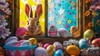 A playful Easter bunny peeking out from behind a vibrantly decorated window filled with colorful eggs and springtime treats.3D rendering