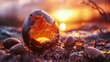 A photorealistic image of a chocolate Easter egg being cracked open, revealing a scene of the Easter sunrise inside.3D rendering