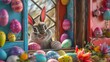 A playful Easter bunny peeking out from behind a vibrantly decorated window filled with colorful eggs and springtime treats.3D rendering