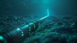 A powerful undersea fiber optic cable glowing with data as it transmits information across the ocean floor.