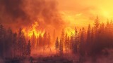 Fototapeta Na ścianę - A raging wildfire burning through a forest, smoke billowing into a hazy orange sky, representing the increased risk of wildfires due to global warming.