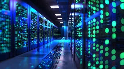 High Tech server room with advanced data center technology. The scene includes rows of large computer. This design symbolizes modern tech innovation in cloud computing and security services.