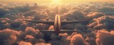 Fototapeta  - Airplane soaring above the clouds during sunset.