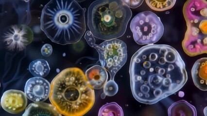 Sticker - A colorful array of different species of rotifers each with distinct shapes and patterns on their bodies coexisting in a drop of pond . AI generation.