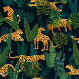 Fototapeta  - Leopard seamless pattern with tropical leaves