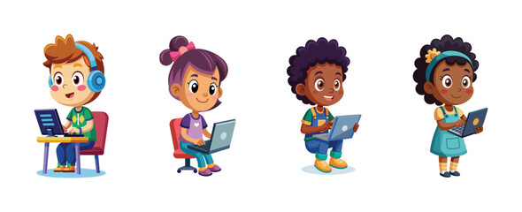 Cartoon children using laptops for education and fun, vector illustration.