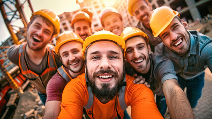 A group of cheerful construction workers standing in a row, beaming with joy and camaraderie as they pause from their workday