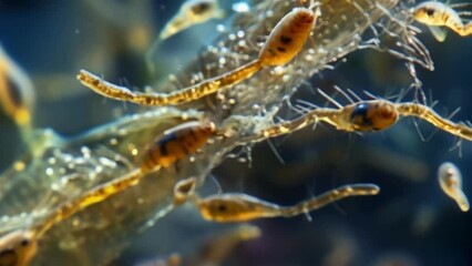 Wall Mural - A microscopic view of a nematode infestation on plant roots with the worms attached to the surface and causing damage to the plants . AI generation.