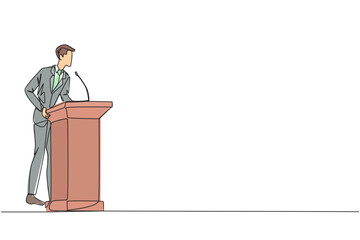 Single one line drawing businessman speech standing behind the podium. Give oration that world business can be more independent. Encourage through words. Continuous line design graphic illustration