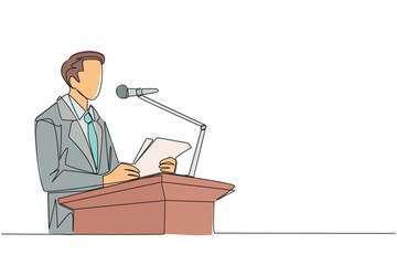 Wall Mural - Single one line drawing businessman speaking on the podium holding a piece of paper. Make a welcoming speech. Entrepreneur has a new business branch. Happiness. Continuous line graphic illustration