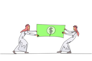 Sticker - Continuous one line drawing two Arabian businessman fighting over banknotes. Fight over the capital provided by the government to selected entrepreneurs. Single line draw design vector illustration