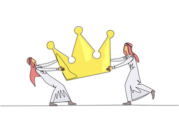 Wall Mural - Single one line drawing two angry Arabian businessman fighting over the crown. Fighting for become the most successful and respected businessman. Conflict. Continuous line design graphic illustration