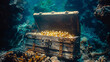 Treasures in a chest at the bottom of the ocean, underwater background